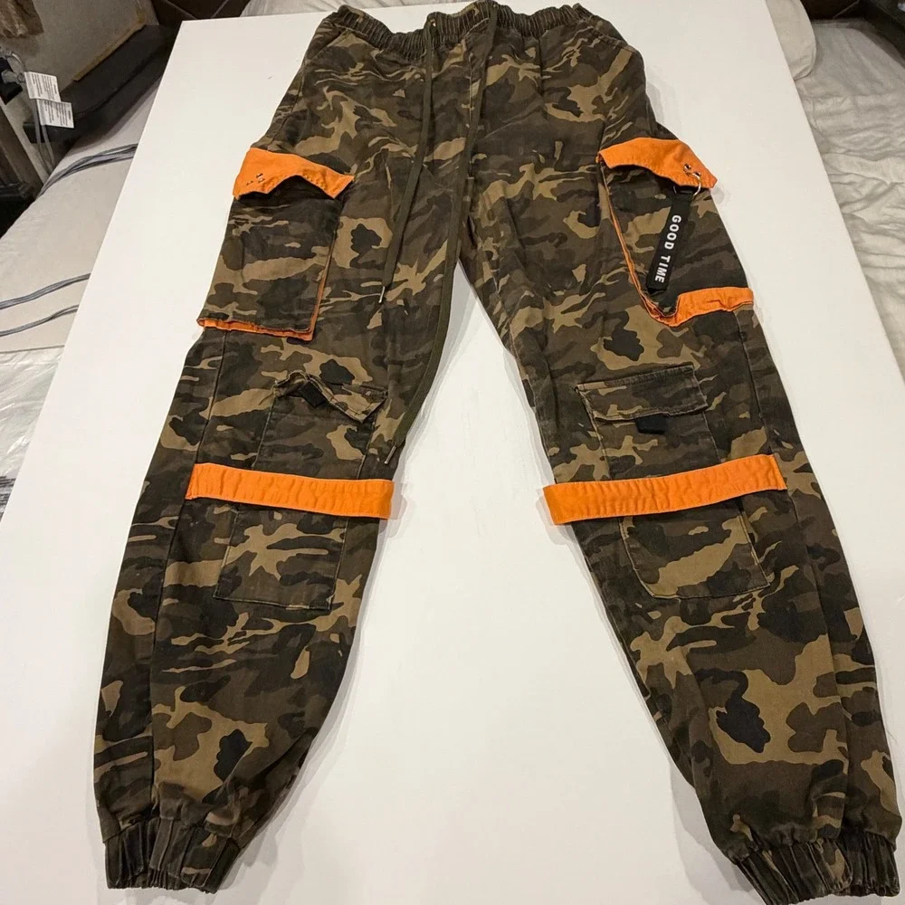 Camo Cargo Joggers Plus 2X Orange Colorblock Cargo Pockets Festival Streetwear